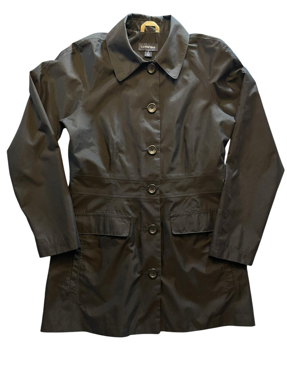Lands' End Black Button-Front Trench Coat / Rain Jacket Lightweight Size Small